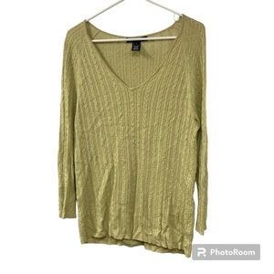 Ellen Tracy Viscose Bamboo Cashmere Cable-knit V-Neck Sweater Green Womens Sz L